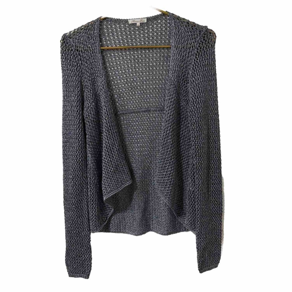 Minnie Rose Open Front Cardigan Mesh Fishnet Metallic Blue Gray Sz XS